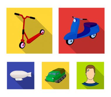 Motosiklet, scooter, zırhlı personel taşıyıcı, ulaşım türleri aerostat. Taşıma düz stil vektör simge stok çizim web simgeler kümesi.