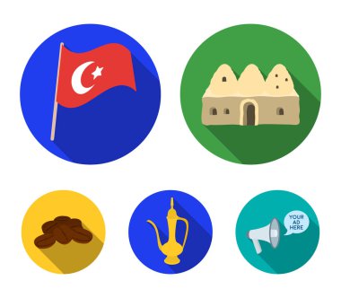 Evden kovan, ulusal bayrak, kahve pot bakır, kahve tahıllar. Türkiye'nin toplama simgeler düz stil vektör simge stok çizim web içinde ayarla..