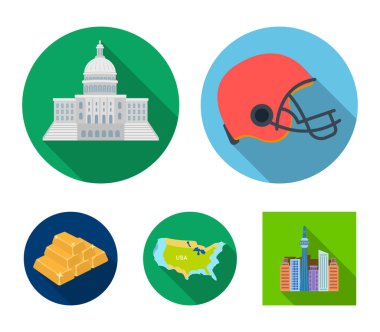 Futbol oyuncular kask, capitol, bölge harita, altın ve döviz. ABD Acountry toplama simgeler düz stil vektör simge stok çizim web içinde ayarla..