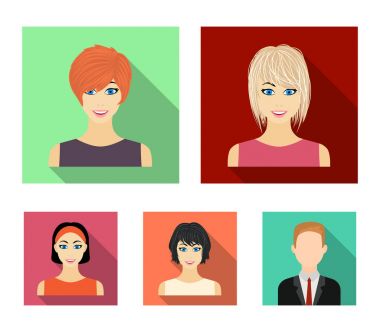 Kadın saç modelleri türleri set koleksiyonu tasarım için simgeleri düz. Bir kadın vektör simge stok web illüstrasyon görünümünü.