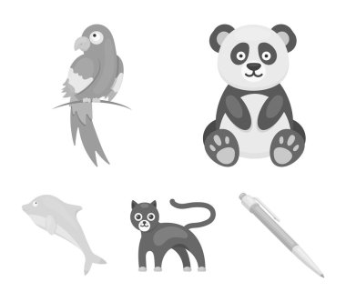 Panda.popugay, panter, Yunus. Hayvan toplama simgeler tek renkli stil vektör simge stok çizim web içinde ayarla..