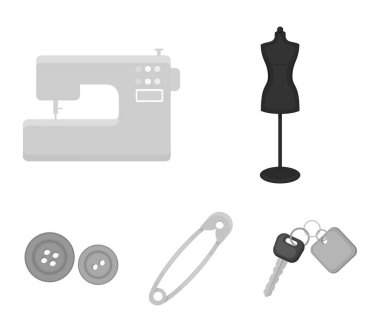 Electric sewing machine, dummy on the stand, pin, buttons.Atelier set collection icons in monochrome style vector symbol stock illustration web.