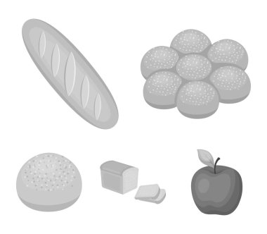 Somun, kesilmiş ekmek rulo ile toz, ekmek pişirme, yarısı. Ekmek toplama simgeler tek renkli stil vektör simge stok çizim web içinde ayarla..