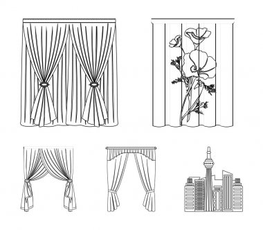 Kornişler, garters, şerit ve diğer web simgesi anahat tarzı. Makine, tekstil, mobilya simgeler kümesi koleksiyonu.