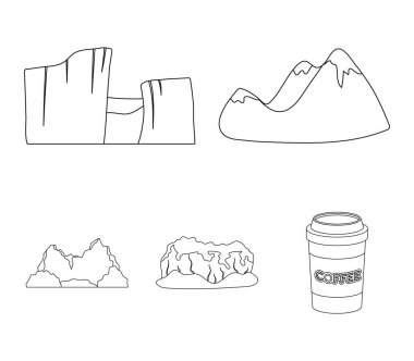 Yeşil dağlar kar başında, bir kanyon, kayalar ile ormanları, bir lagün ve kayalar ile. Farklı dağlar toplama simgeler anahat stili vektör simge stok çizim web içinde ayarla..