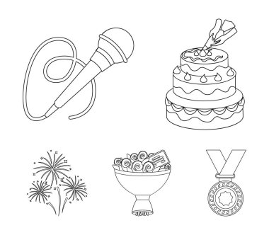 El bir kek krem, bir kablo ile bir mikrofon, bir buket gül bir tebrik kartı, bir festival Selam ile yapmak. Etkinlik Hizmetleri toplama simgeler anahat stili vektör simge stok ayarla.