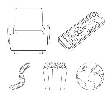 Kontrol paneli, bir koltuk için görüş, patlamış mısır. Filmler ve film toplama simgeler anahat stili vektör simge stok çizim web ayarla.