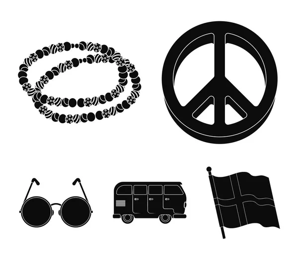 Un signe hippie, des perles, un bus, des verres ronds. Icônes de collection ensemble hippie en noir style vectoriel symbole illustration web . — Image vectorielle