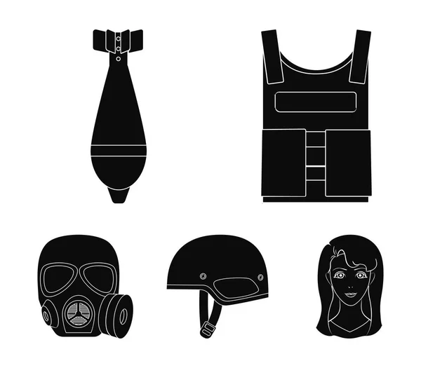 Chaleco antibalas, mío, casco, máscara de gas. Militar y ejército conjunto colección iconos en negro estilo vector símbolo stock ilustración web . — Vector de stock
