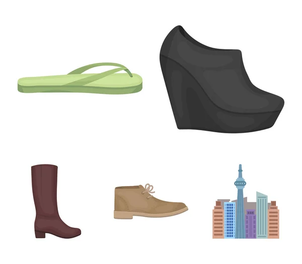 Zapatos negros de otoño en una plataforma alta, chanclas verdes para la relajación, zapatos de otoño para hombre de arena, botas marrones altas. Zapatos conjunto de iconos de colección en el estilo de dibujos animados vector símbolo stock ilustración web . — Vector de stock
