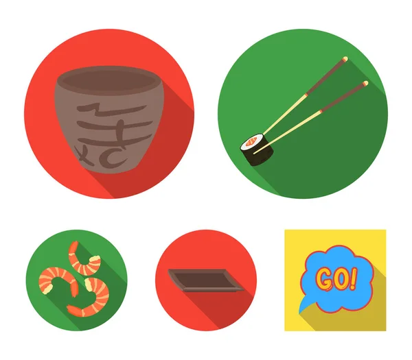 Varas, camarão, substrato, tigela. Sushi conjunto coleção ícones em estilo plano símbolo vetorial estoque ilustração web . — Vetor de Stock