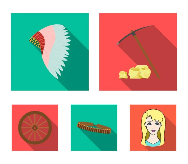 Pickaxe and stones, bandolier, cartwheel, mohawk.Wild West set collection icons in flat style vector symbol stock illustration web . — стоковый вектор