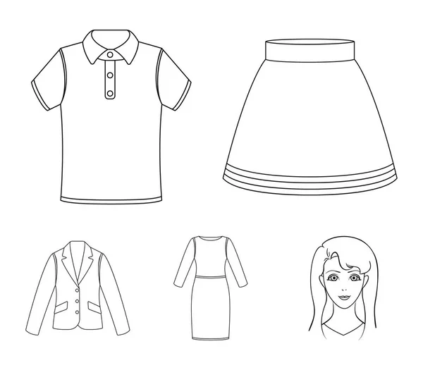 Φούστα, t-shirt, πουλόβερ, φόρεμα με μακριά μανίκια. Ρούχα που συλλογή εικονιδίων στο περίγραμμα στυλ διάνυσμα σύμβολο μετοχής εικονογράφηση web. — Διανυσματικό Αρχείο
