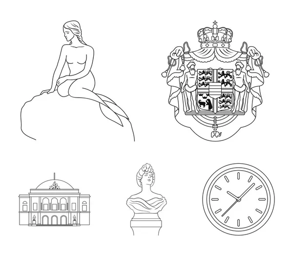 Nazionale, simbolo, disegno, e altre icone web in stile contorno. Danimarca, attributi, stile, icone nella collezione set . — Vettoriale Stock
