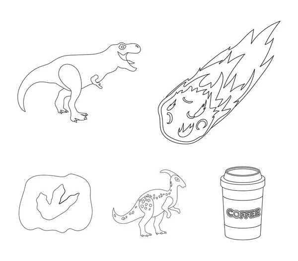 Météorite en chute libre, parasaurolophus, tyrannosaure, empreinte d'un pied de dinosaure. Le dinosaure et la période préhistorique mis icônes collection dans le style contour vectoriel symbole illustration web . — Image vectorielle