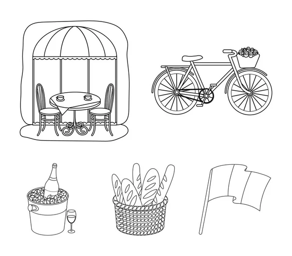 Велосипед, транспорт, транспортное средство, кафе. Франция иконки коллекции в стиле очертаний векторные символы фондовые иллюстрации веб . — стоковый вектор