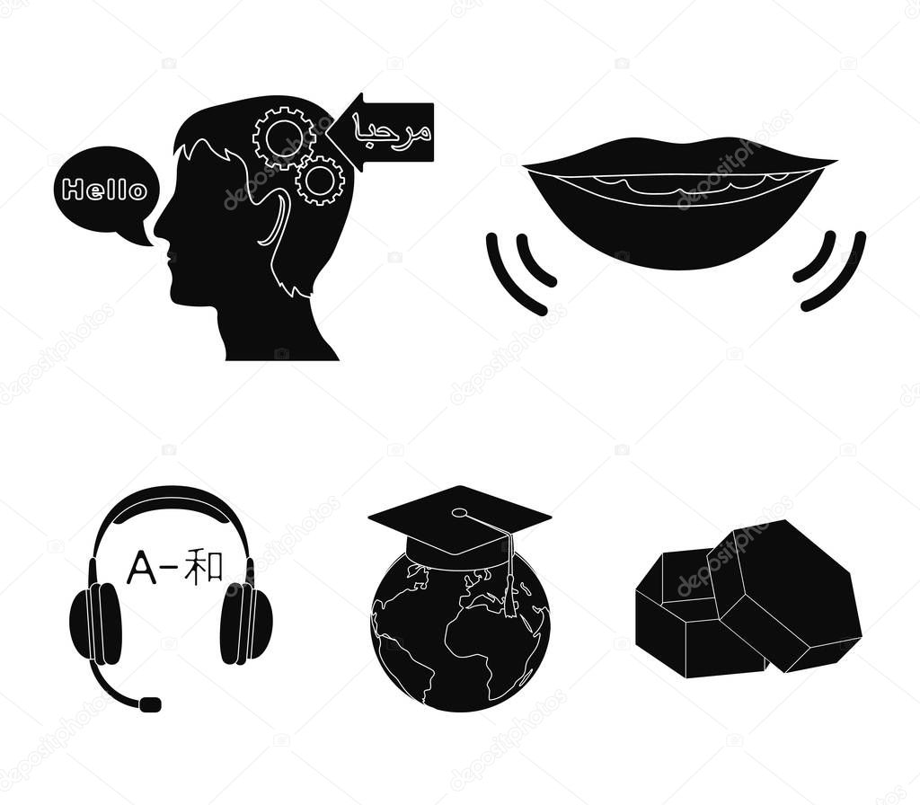 The mouth of the person speaking, the persons head translating the text, the globe with the masters cap, the headphones with the translation. Interpreter and translator set collection icons in black