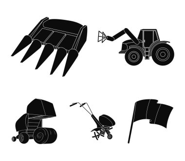 Motoblock ve diğer tarım cihazlar. Tarım makineleri toplama simgeler siyah stil vektör simge stok çizim web içinde ayarla..