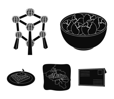 Harita, Brüksel lahanası ve diğer simgeler ülkenin topraklarında. Belçika toplama simgeler siyah stil vektör simge stok çizim web içinde ayarla..
