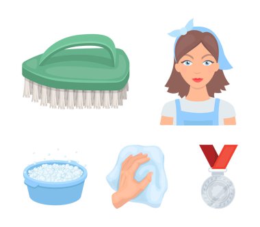 Bir temizlikçi kadın, bir önlük, yeşil bir fırça, bir bez ile bir el, bir mavi el lavabo köpük ile bir ev hanımı. Karikatür tarzı vektör simge stok çizim web küme koleksiyon simgeleri Temizleme.