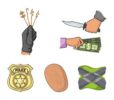 Soygun saldırı, parmak izi, polis rozeti, yankesici. Suç toplama simgeler karikatür tarzı vektör simge stok çizim web içinde ayarla..
