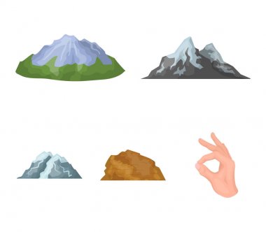 Çölde, bir karlı tepe, bir ada bir buzul, karla kaplı bir dağ ile dağlarda. Farklı dağlar toplama simgeler karikatür tarzı vektör simge stok çizim web içinde ayarla..
