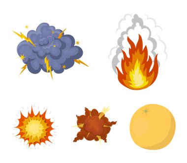 Alevi, kıvılcım, hidrojen parçaları, atomik ya da gaz patlaması, fırtına, güneş patlaması. Patlamalar toplama simgeler karikatür tarzı vektör simge stok çizim web içinde ayarla..