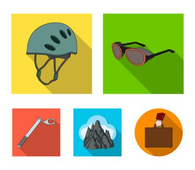 Kask, gözlük, kama Emanet, zirveleri bulutlar. Dağcılık toplama simgeler düz stil vektör simge stok çizim web içinde ayarla..