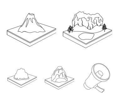 Dağlar, kayalar ve peyzaj. Yardım ve dağlar toplama simgeler anahat stili izometrik vektör simge stok çizim web ayarla.