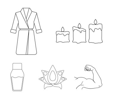 Bir alev, bir kemer ile mavi bir elbise, bir lotus çiçeği yaprakları ile krem bir şişe ile çok renkli mumlar. Spa toplama simgeler anahat stili vektör simge stok çizim web içinde ayarla..