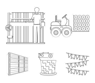 Ekipman, makine, forklift ve diğer web simgesi anahat tarzı. Tekstil, endüstri, doku, küme koleksiyon simgeler.