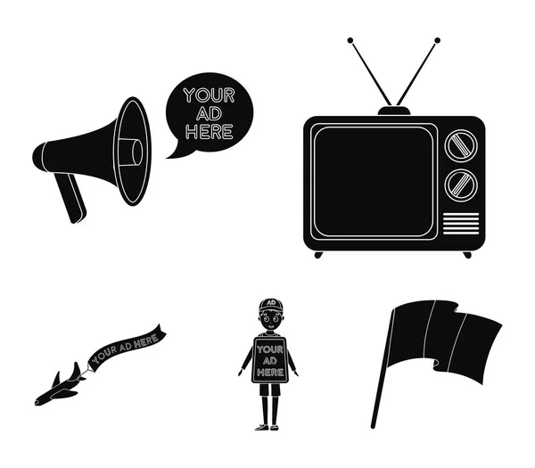 TV, mégaphone, un homme avec une affiche, un avion avec une bannière. Publicité, ensemble des icônes de la collection dans le style noir vectoriel symbole illustration web . — Image vectorielle