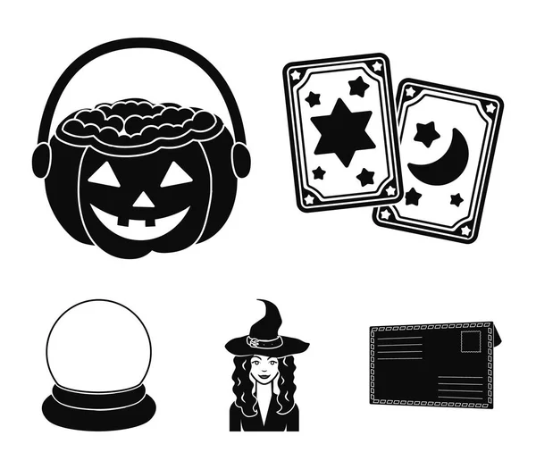 Tarot cards, holiday halloween, magician in a hat, crystal ball. Black and white magic set collection icons in black style vector symbol stock illustration web.