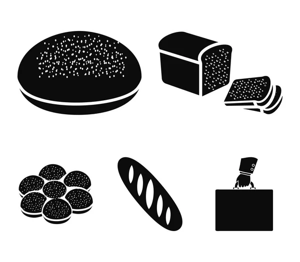 Половину с кусочками, круглый ржаной хлеб, булочку с круассаном, буханку. Иконки коллекции хлеба в черном стиле векторных символов паутины иллюстрации . — стоковый вектор