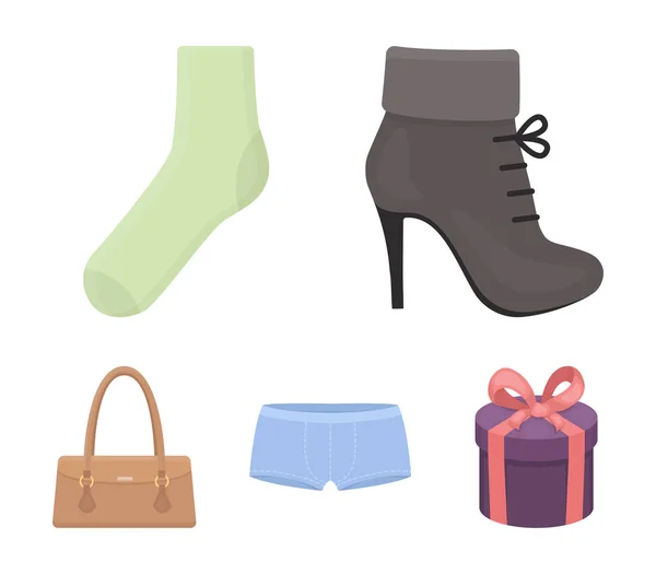 Botas de mulher, meias, calções, bolsa de senhora. Conjunto de roupas ícones de coleção em desenho animado estilo vetor símbolo ilustração web . —  Vetores de Stock
