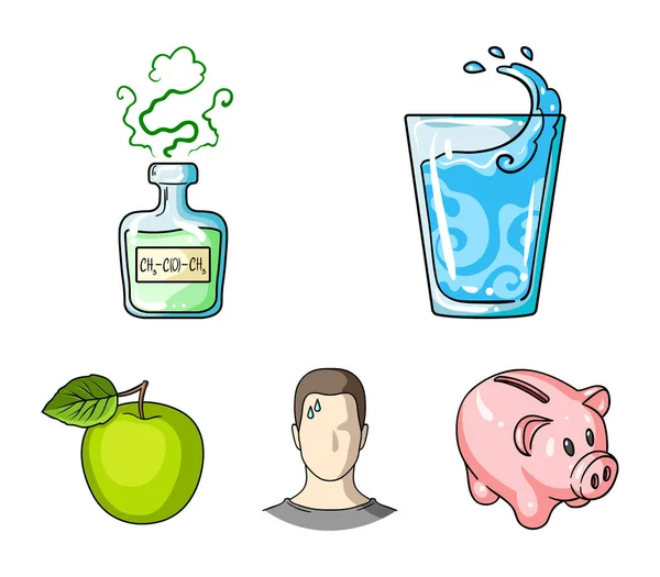 Een glas water, een fles alcohol, een zweten man, een appel. Diabeth instellen collectie iconen in cartoon stijl vector symbool stock illustratie web. — Stockvector
