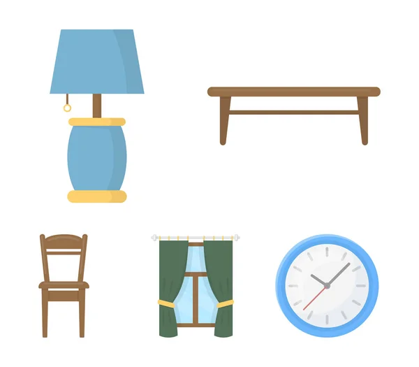 Une table basse, une lampe, des rideaux, une chaise. Ensemble de meubles icônes de collection dans le style dessin animé vectoriel symbole illustration web . — Image vectorielle