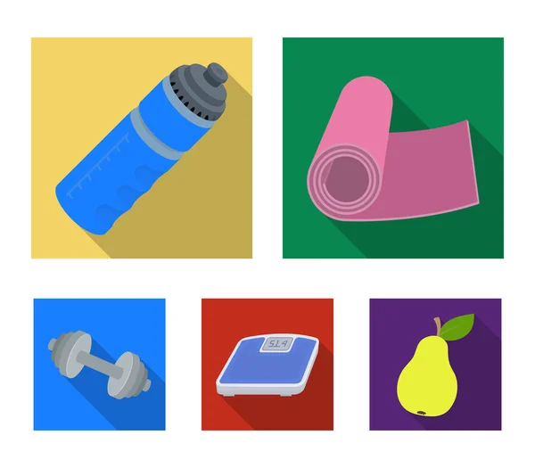 En hantel, en matta och annan utrustning för träning. Gym och träning som samling ikoner i platt stil vektor symbol stock illustration web. — Stock vektor