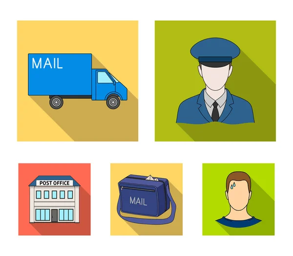 Brevbäraren i uniform, mail maskin, väska för korrespondens, post-kontor. Mail och brevbäraren som samling ikoner i platt stil vektor symbol stock illustration web. — Stock vektor