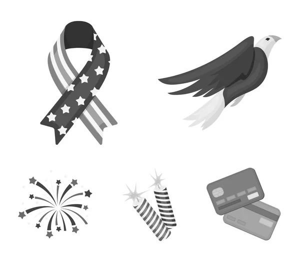 American eagle, stuha, pozdrav. Vlastenci den sada kolekce ikon v monochromatickém stylu vektor symbol akcií ilustrace web. — Stockový vektor