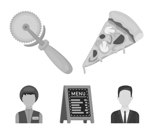 Un cortador de pizza, una rebanada, un menú en una pizzería, un mensajero. Conjunto de iconos de la colección de pizza y pizzería en el estilo monocromo vector símbolo stock ilustración web . — Vector de stock