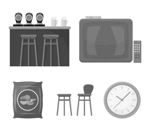 TV, barra de bar, sillas y sillones, patatas chips.Pub conjunto de iconos de la colección en el estilo monocromo vector símbolo stock illustration web . — Archivo Imágenes Vectoriales