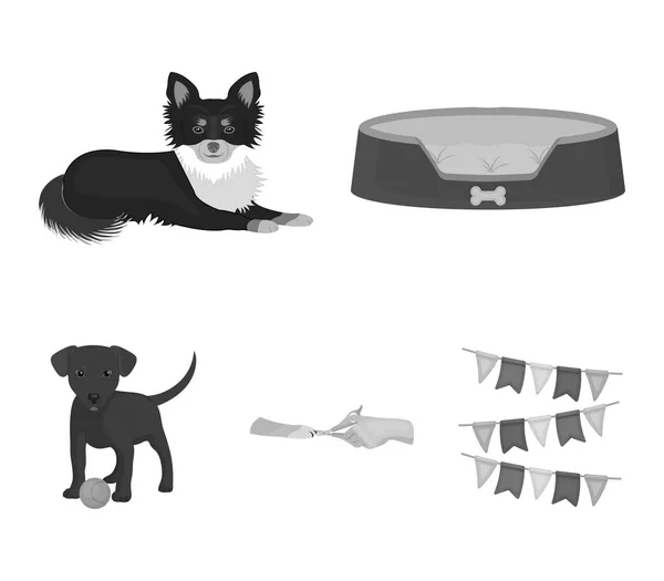 Lounger for a pet, clipping of claws in a vet clinic, lying dog, puppy with a ball. Vet clinic and pet,dog care set collection icons in monochrome style vector symbol stock illustration web. — Stock Vector