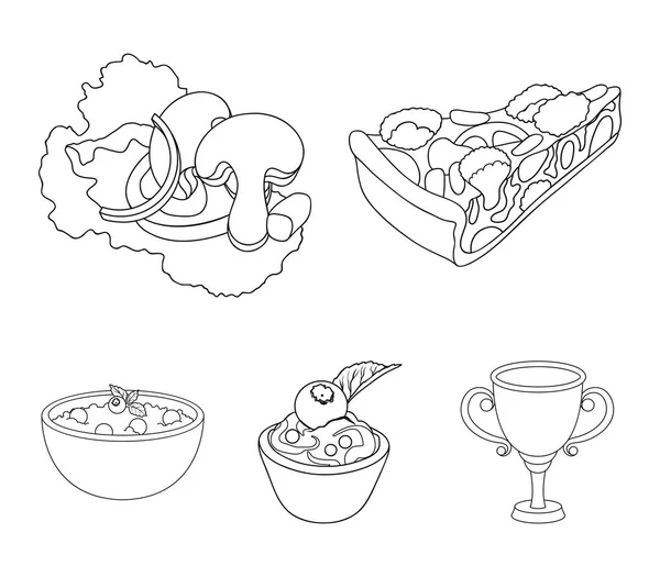 Darab, vegetáriánus pizza, paradicsom, gomba, áfonya torta, vegetáriánus leves zöldséggel saláta levelek. Vegetáriánus ételek készlet ikonok gyűjtemény raktáron vázlat stílusú vektor szimbólum — Stock Vector