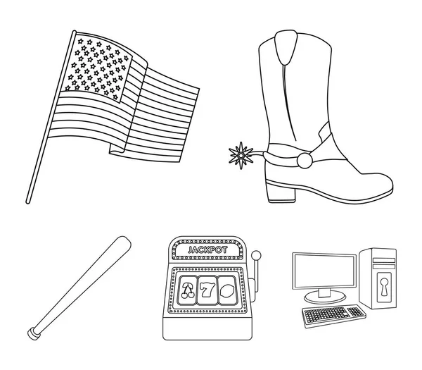 Botas de vaquero, bandera nacional, máquina tragaperras, bate de béisbol. Estados Unidos país conjunto colección iconos en contorno estilo vector símbolo stock ilustración web . — Vector de stock