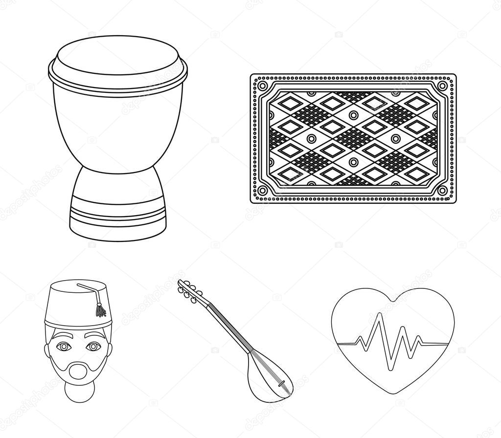 Turkish carpet, saz, drum, turkish men.Turkey set collection icons in outline style vector symbol stock illustration .