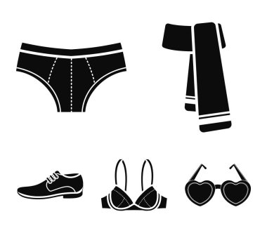 Erkek Ayakkabı, sütyen, külot, eşarp, deri. Giyim toplama simgeler siyah stil vektör simge stok çizim web içinde ayarla..