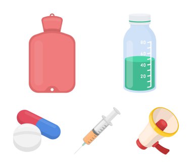 Çözüm, daha sıcak, şırınga, hap. İlaç toplama simgeler karikatür tarzı vektör simge stok çizim web içinde ayarla..