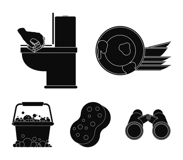 Reinigung und Hausmädchen schwarze Symbole in Set-Kollektion für Design. Ausrüstung für die Reinigung von Vektorsymbol stock web illustration. — Stockvektor