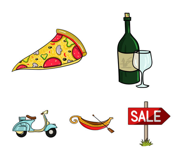A bottle of wine, a piece of pizza, a gundola, a scooter. Italy set collection icons in cartoon style vector symbol stock illustration web.